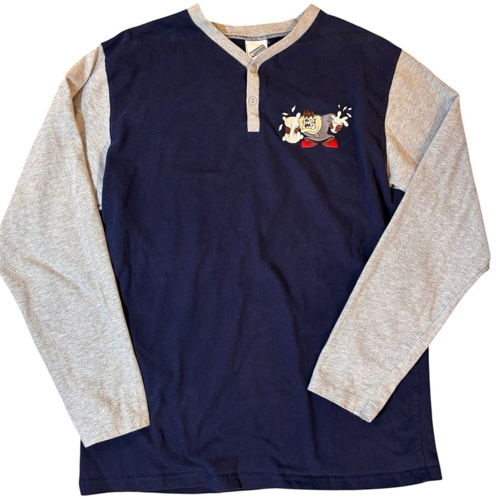 Vtg Y2K Warner Bros Studio Store Tazmanian Devil Henley Shirt Medium Pajama Taz